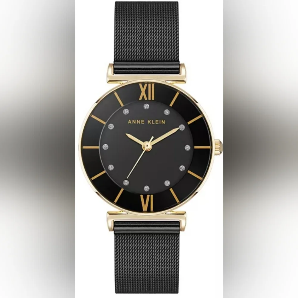 Anne Klein Gold and Black Round Dial Crystal Accent Watch